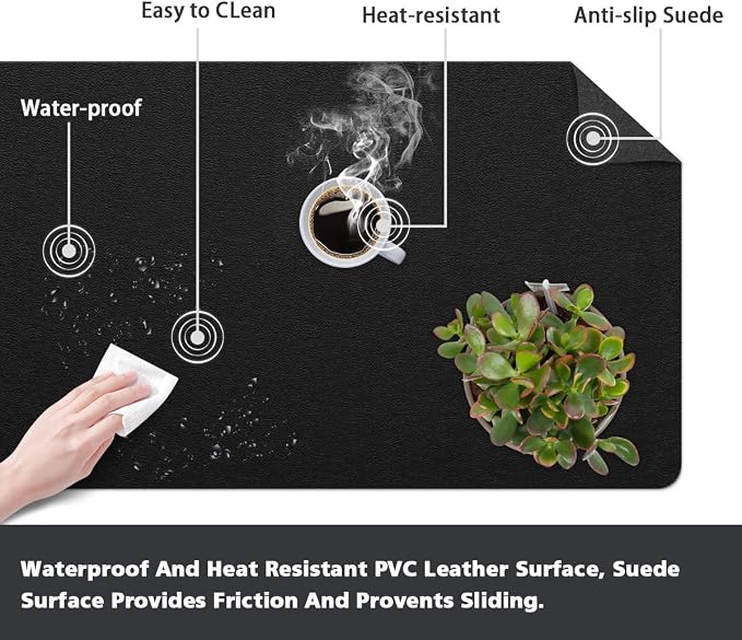 PVC Leather Desk Pad Blotter Ultra Thin Large Mouse Pad Waterproof Laptop Writing Mat Non-Slip Desk Cover Protector (Black, 16" x 32")