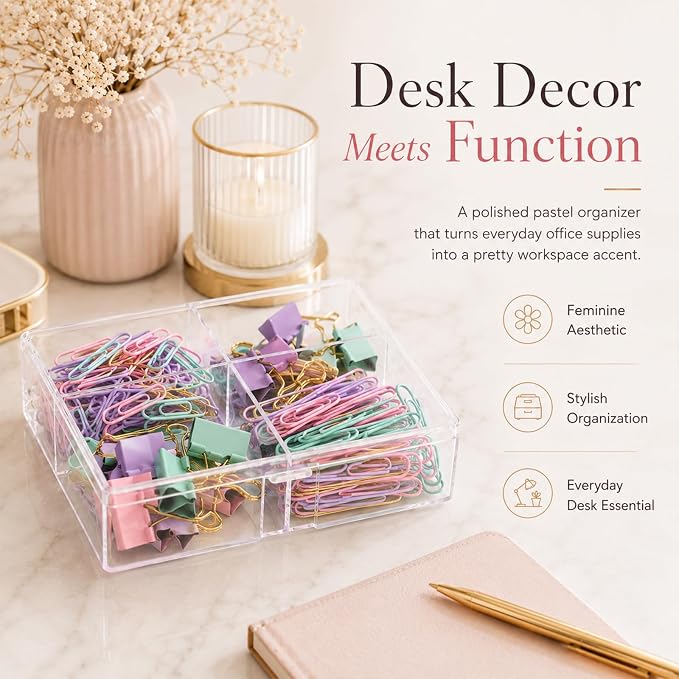 Pastel Paper Clips Binder Clips Set with Storage Box, 165 Psc, Assorted Size Decorative Office Clips, Cute Desk Accessories for School, Home Office, Planner, Journal and Documents