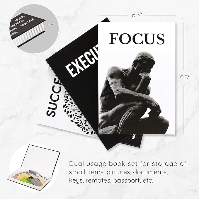 Motivational Decorative Books Set of 3 - Faux Books for Home Office Decor | Black white fake books for decoration with magnetic hidden storage box for office desk, coffee table, bookshelf, tv stand