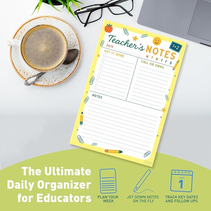Sweetzer & Orange Teacher Planner Pad – Weekly Undated Lesson Planner for Teachers – 60 Tear-Off Sheets – 9” x 6” Compact Desk Notepad with Notes and Contact Section – Bright Yellow Border