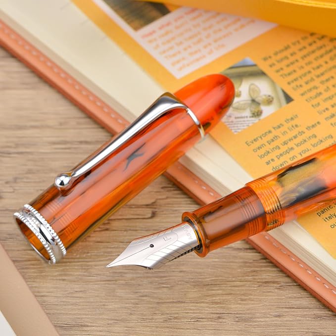 Asvine V800 Fountain Pen – Vacuum Filling System with Large Ink Capacity – Smooth Number 8 Fine Nib with Gift Case and Wrench- Amber Acrylic