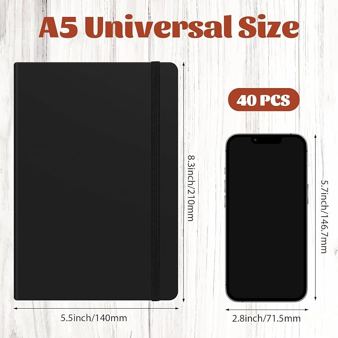 Honoson 40 Pack A5 Lined Journal Notebooks Hardcover Executive Notebook 5.5" x 8.3" PU Leather Wide Ruled Journals Bulk 160 Pages for Back to School Supplies Office Business Home (Black)