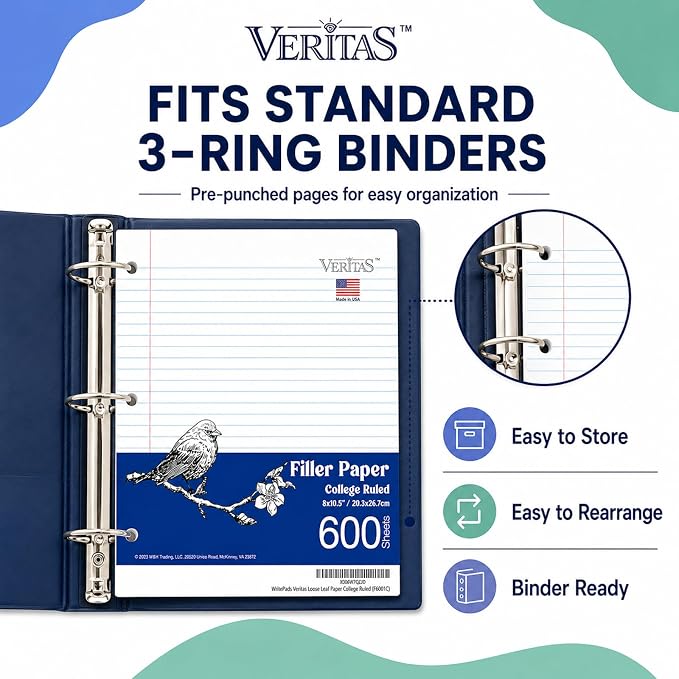 WritePads College Ruled Loose Leaf Paper, 600 Sheets Bulk Notebook Paper, 8"x10-1/2" 3 Hole Punched Filler Paper, Fits Standard 3-Ring Binder, 65lb Thick Paper, Made in USA