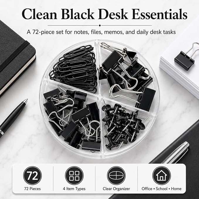 Paper Clips and Binder Clips Set, Metal Assorted Sized Binders with Push Pins, Black Office Supplies for Desk, Durable Desk Accessories