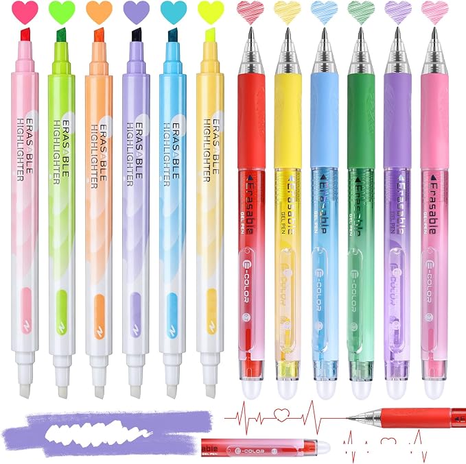 12 Pack Erasable Pen Set - 6 Colors Erasable Highlighters + 6 Colors Erasable Gel Pens, Smooth Writing No Bleed, Reusable Erasable Markers for School, Office & DIY Art Crafts (12 Pack)