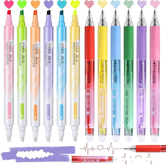 12 Pack Erasable Pen Set - 6 Colors Erasable Highlighters + 6 Colors Erasable Gel Pens, Smooth Writing No Bleed, Reusable Erasable Markers for School, Office & DIY Art Crafts (12 Pack)