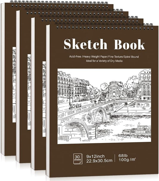 4 Pack Sketch Book, 9 x 12 Inch Sketchbook, 68lb/100gsm Top Spiral Bound Sketch Pad, Acid Free Art Supplies Drawing Painting Sketching Paper for Kids, Beginners, Artists (Tan)
