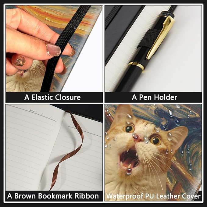 A5 Leather Lined Journal Notebook, 200 Pages Hardcover Executive Notebook for Men Women Office School Note Taking, Thick Writing Paper Daily Journal with Bookmarks/Indexes,Funny Cat
