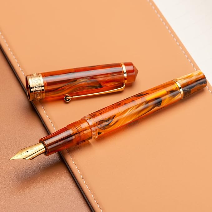 Asvine P20 Amber Fountain Pen Piston Filling, Gold Plated Fine Point Smooth Writer with Pen Gift Case