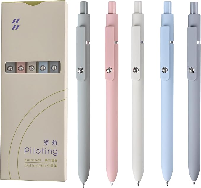 MengRan Morandi Gel Ink Pens Set, Black Ink, 5 Pack | 0.5mm Fine Point Tip, Quick Drying Ink, Idea for Journaling, Cute Fancy Pens for Women