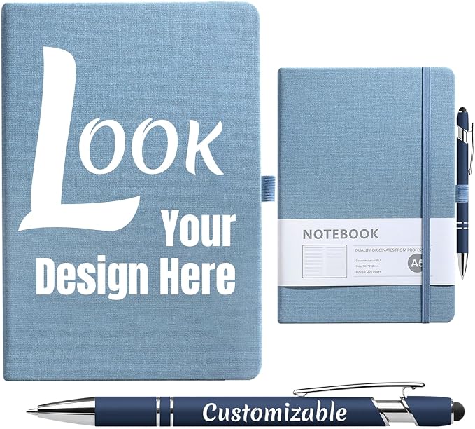 Custom Notebook and Personalized Ballpoint Pen Set, Customizable A5 Journal with Personalized Engraved Logo/Text/Image, 192 Pages, 8.3 x 5.8 Inches, Blue
