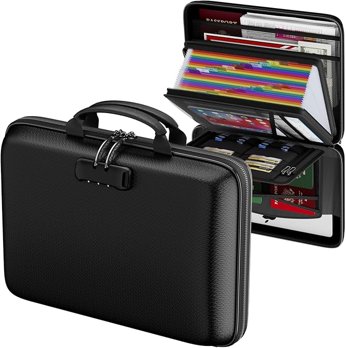 ENGPOW Fireproof Document Box with Lock & 25-Pocket Accordion File Folder | Fire & Water Resistant,Hard Case File Organizer with Handle,Portable Home Office Safe Storage for Important Documents,Laptop