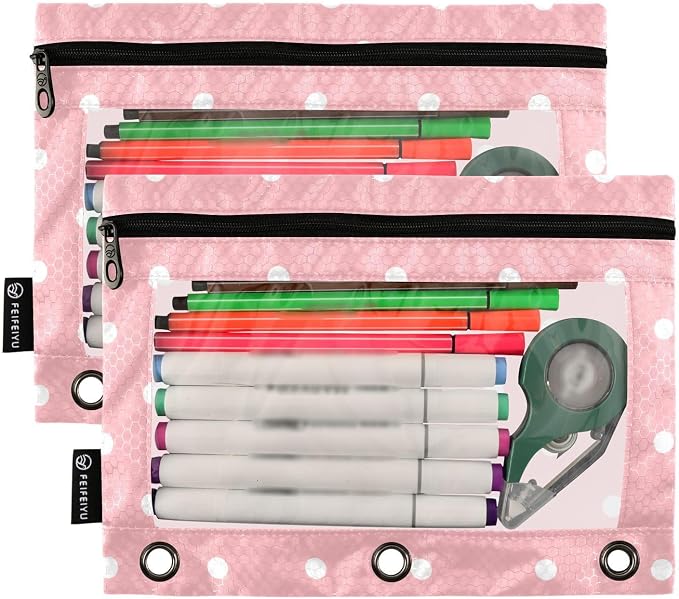 ALAZA Pencil Pouch for 3 Ring Binder, White Polk Dot Pink Binder Pencil Pouches with Clear Window Zipper Pencil Case Cosmetic Bags for Office College Supplies, 2PCS
