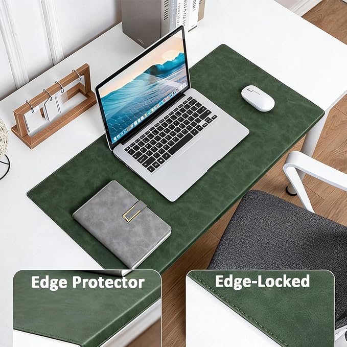 Edge-Locked Non-Slip Large Desk Pad with Edge Protector, Leather Office Laptop Mouse Mat Extended Table Protector, Desk Blotter for Writing Game Work Typing (Navy,23.6"x11.8")