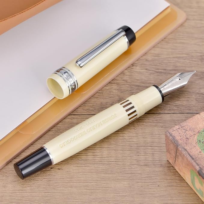 Wikult Yongsheng Junlai 930 Piston Fountain Pen, Ivory White Size 9 Broad Nib, Fence Ink Tank Flat Top Design with Pope Memorial Engraving Limited Edition (Silver Trim)
