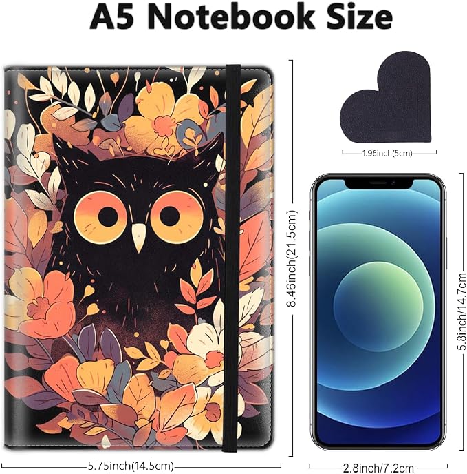 A5 Leather Lined Journal Notebook, 200 Pages Hardcover Executive Notebook for Men Women Office School Note Taking, Thick Writing Paper Daily Journal with Bookmarks/Indexes, Flower Owl