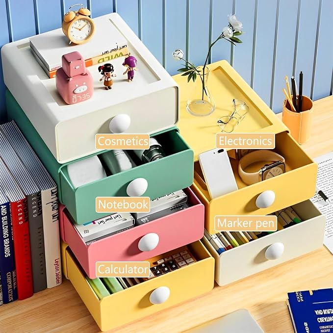 RETON 4 PCS Desktop Storage Drawers, Stackable Desk Organizer with Drawers, Large Capacity Desktop Storage Box for Office, School, Room, Dorm, Bathroom (4 Colors)