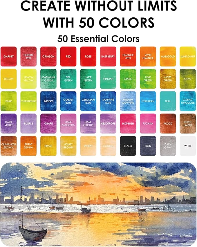 Grabie 50 Colors Premium All-In-One Water Color Paint Set - Detail Paint Brush Included, Watercolor Paints, Painting Sets, Art Supplies, Portable & Travel Watercolor Set, Amateur Hobbyists, Set of 50