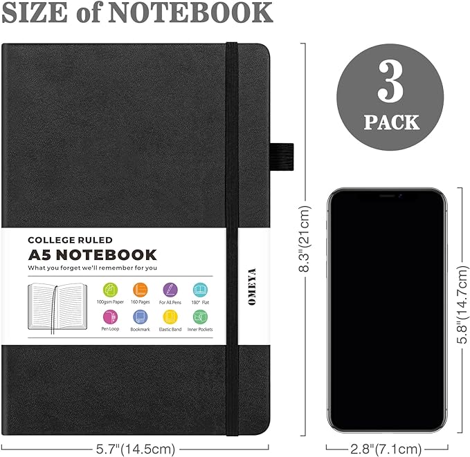 Lined Journal Notebook, 3 Pack A5 College Ruled Notebooks for Work, Hardcover Notebook Each with 2 Pockets & Pen, Leather Journal for Women, Men, 160 Pages, 100GSM Thick Paper (Black, Brown, Grey) | College-Ruled, 5.75" x 8.38", PU Leather Hardcover, 3...
