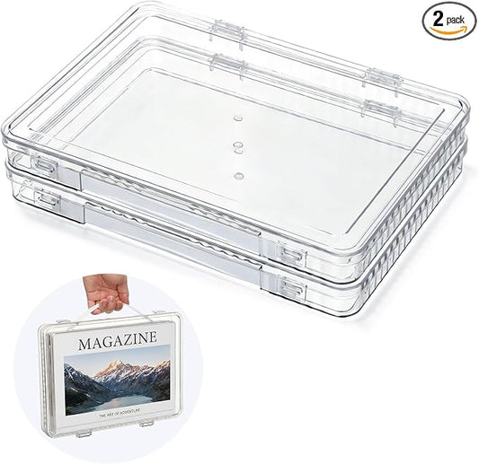 2Pcs Crystal Clear Magazine Protectors for Collectors, 8.7x12.8x1.1 | Paper Storage Box with Handle, Magazine Case, Plastic File Storage Box for 8.5x11 Letter A4 Document Photo Comic Book