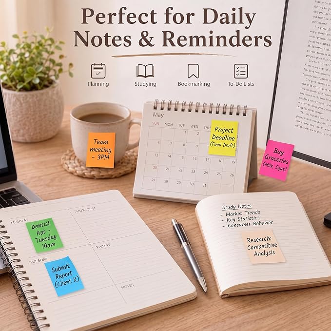 Fainne 120 Pads Sticky Notes Bulk 1.5 x 2 Inch Mini Self Stick Note Small Assorted Bright Colors Paper Memo for Office School Notebook Supplies 50 Sheets/pad (Simple Style,Bright Color)