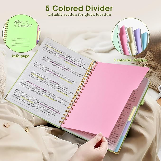 Hardcover Spiral Notebooks for Work, 5 Subject Notebook College Ruled with Dividers Tabs, Lined Organizer Notebook Journal for women, 8"x10" Large B5 Notebooks for School Note taking, 240 Pages Green