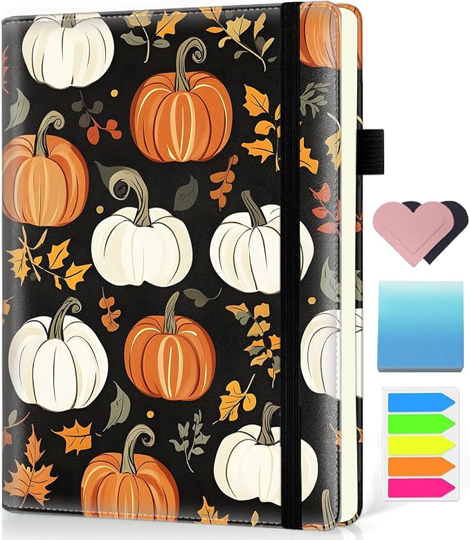 Hardcover Executive Notebooks, A5 PU Leather Lined Journal Notebook, 200 Pages Thick Paper Subject Notebooks for School,Work,Home Writing Business Notebook, Diary Book ，Pumpkins and Maple Leaves