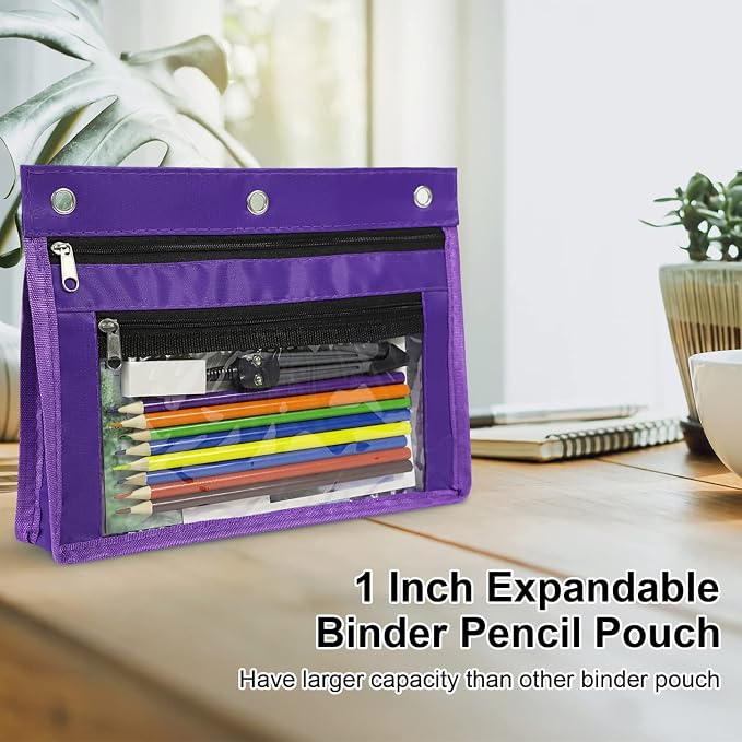 YoeeJob 2 Pack 1 Inch Expandable Zipper Pencil Pouches with Clear Window for 3 Ring Binder, Suitable for School & Office (Purplek)