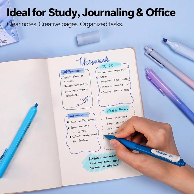 WRITECH Gel Pens Journaling Highlighters: Blue Journal Set Assorted Pastel Color 0.5mm&0.7mm Fine Point Retractable Black Ink Pen Mechanical Pencil Smooth Writing Drawing 8ct