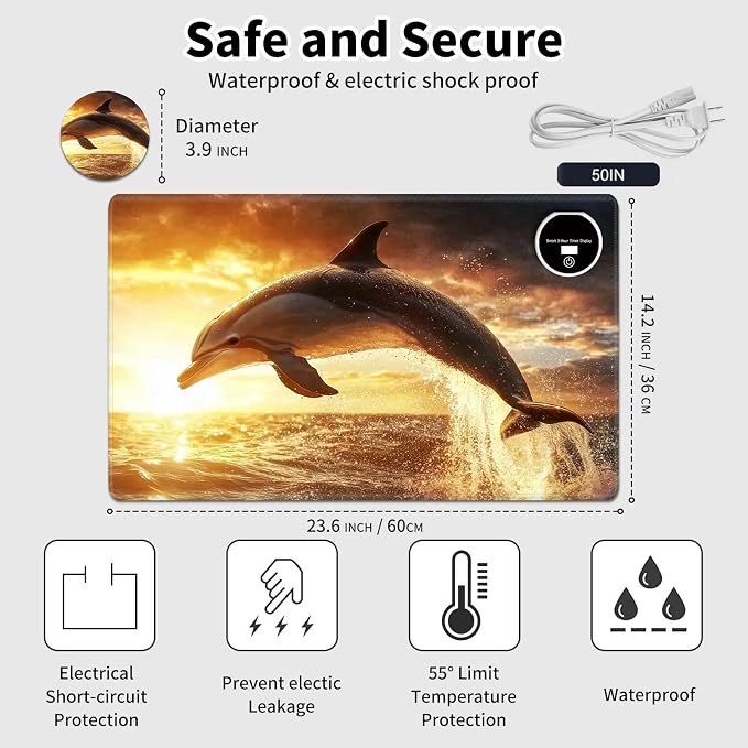 Heated Desk Pad Mouse Pad,Heated Desk Mat,with 3 Heating Levels & 3 Hours Auto Shut-Off,Leather 23.6"*14.2" Gaming Mouse Laptop Mat,Foot Warmer,Dolphin Sunset
