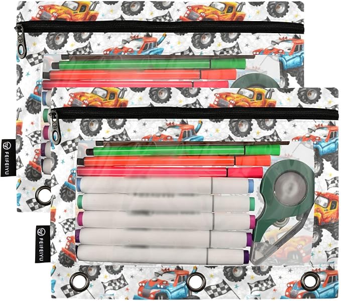 Binder Pencil Pouches Cartoon Monster Truck Pattern Pen Case | Clear Window 3 Rings, Cosmetic Bags School Office Supplies Cosmetic Makeup Bag 2 Psc