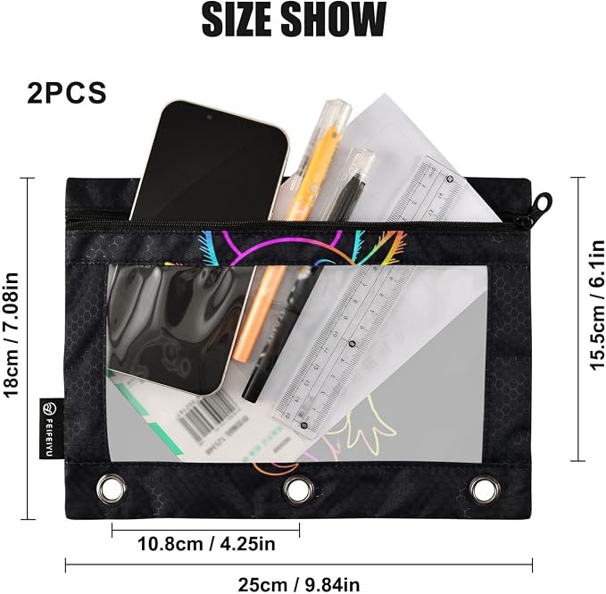Gredecor 2 Pack Binder Pencil Pouch 3 Ring Rainbow Axolotl Zipper Pencil Pouches Case Cosmetic Bags with Clear Window Organizer for School Office