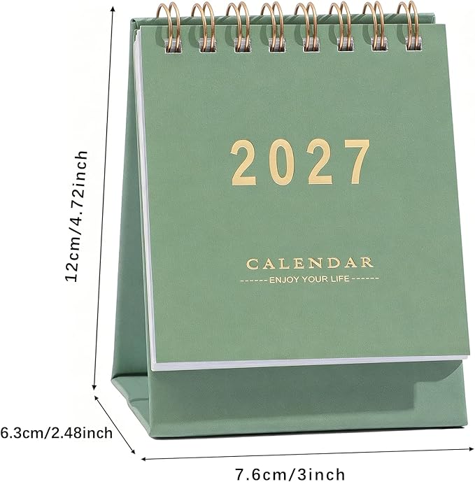 Mini Desk Calendar 2026-2027 - Runs From July 2026 until Dec 2027 Monthy Small Desktop Calendar 250 GSM Thick Paper Twin-Wire Binding for Home or Office (Green)