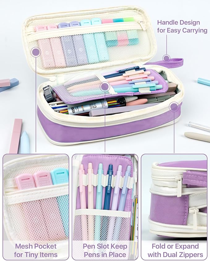 Four Candies 56 PCS School Supplies with Pencil Case, 6 Multicolor Pens, 12 Pastel Highlighters, 5 Gel Pens, 9 Mechanical Pencils for Student Back to School Stationery Set College Essentials (Purple)