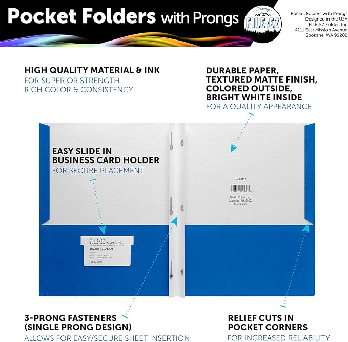 FILE-EZ Two-Pocket Folders with 3-Prong Fasteners, Blue Color, 25-Pack, Durable Textured Paper, Matte Finish, Letter Sheet Size (EZ-92523)