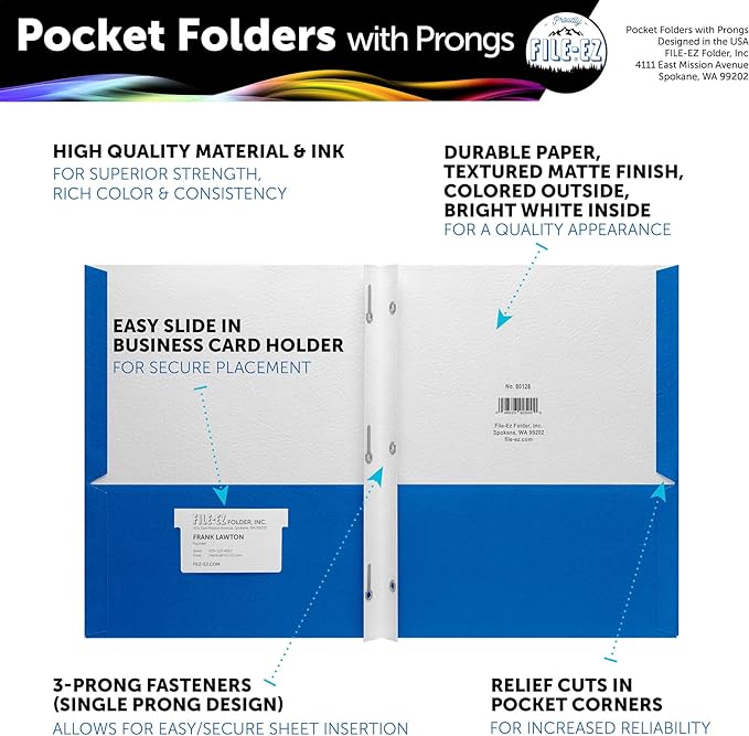 FILE-EZ Two-Pocket Folders with 3-Prong Fasteners, Assorted Colors, 25-Pack, Durable Textured Paper, Matte Finish, Letter Sheet Size (EZ-92500)