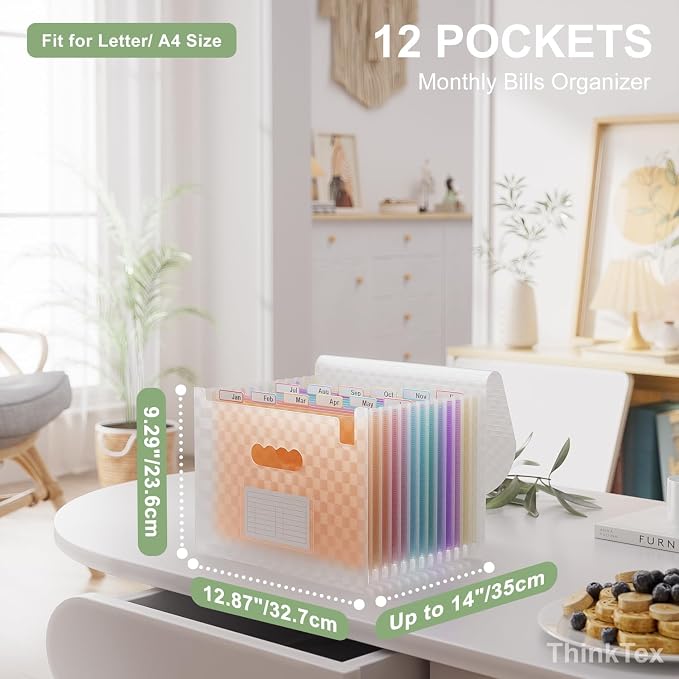 ThinkTex Accordion File Organizer, 12 - Pocket Expanding File Folders | for Paper Receipts, Bills&Taxes Organizer, Letter/A4 Size Document Holder for School, Office, Home with Colorful tabs-Orange