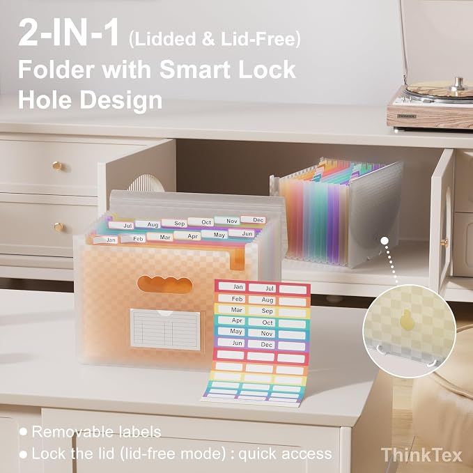 ThinkTex Accordion File Organizer, 12 - Pocket Expanding File Folders | for Paper Receipts, Bills&Taxes Organizer, Letter/A4 Size Document Holder for School, Office, Home with Colorful tabs-Orange