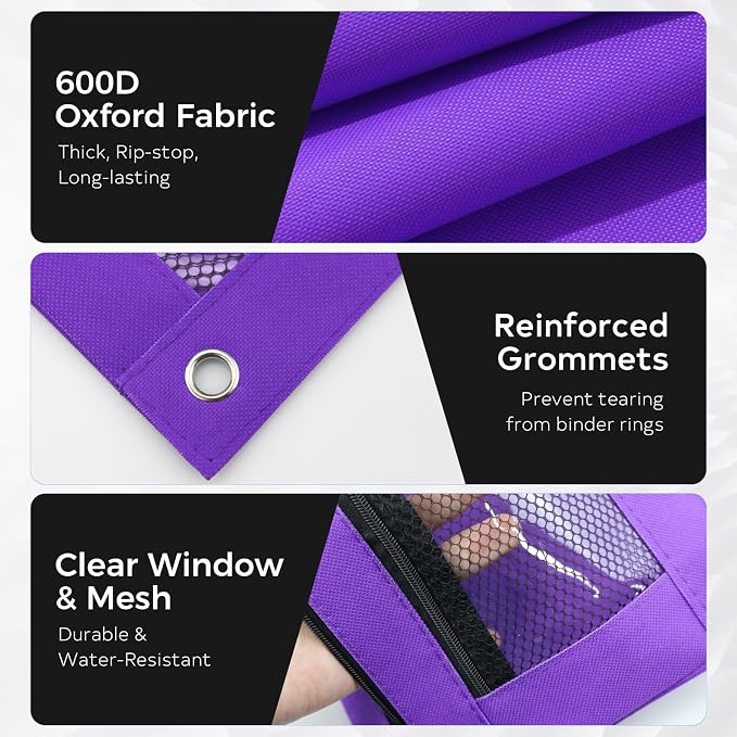 3 Ring Pencil Pouch for Binder, 2-Pocket Zipper Pencil Case with Clear Window & Mesh Pocket, Heavy Duty 600D Oxford Fabric Binder Pouch for School Office Supplies, Fits Standard 3-Ring Binders, Purple