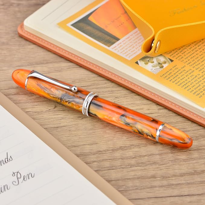 Asvine V800 Fountain Pen – Vacuum Filling System with Large Ink Capacity – Smooth Number 8 Extra Fine Nib with Gift Case and Wrench- Amber Acrylic