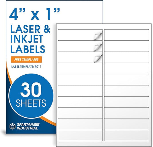 4" X 1" Matte White Printable Address Labels (30 Sheets, 600 Stickers) | Mailing Labels for Envelopes, File Folder Stickers for Laser & Inkjet Printers - Spartan Industrial Template R017