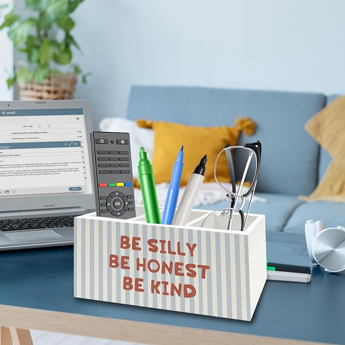 Inspirational Pen Pencil Holder Organizer for Desk, Be Silly Honest Kind Motivational Blue Striped Wooden Box Signs Decorations for Kids Nursery Room Bedroom Desk Tabletop, Inspirational Gifts