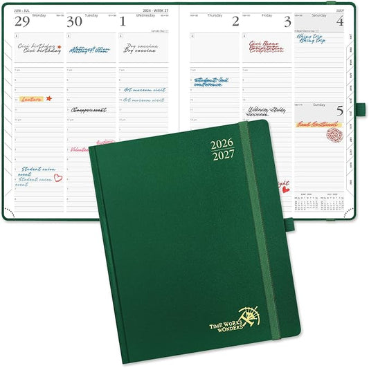 POPRUN 2026-2027 Academic Planner, Large Size 8.5" x 10.5", Weekly and Monthly Calendar, July 2026 to June 2027, Hardcover Appointment Book with Vertical Layout, Hourly Time Slots, Monthly Tabs - Dark Green