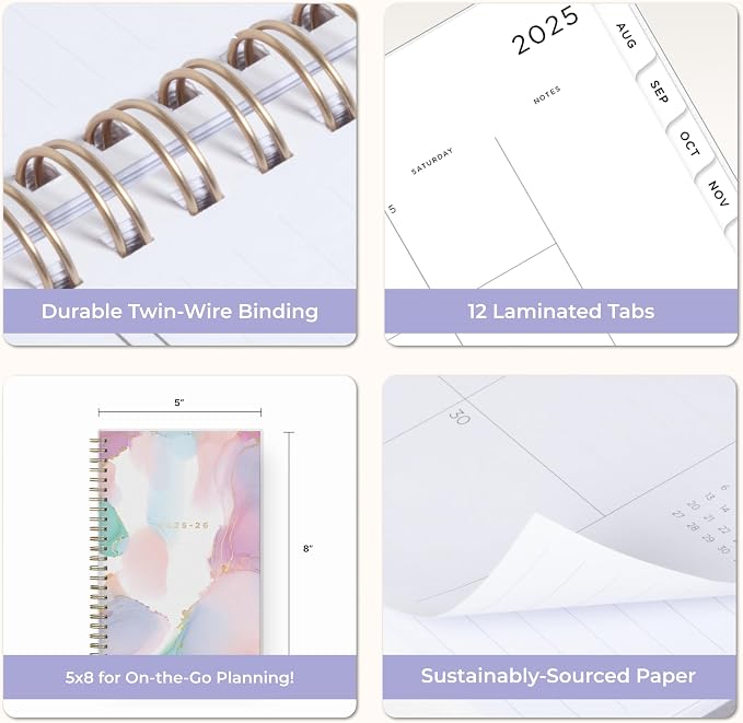 Blue Sky 2025-2026 Weekly & Monthly Academic Planner, 5"x8", Color Smoke | July 2025 - June 2026, Flexible Cover, Wirebound, Laminated Tabs, Storage Pocket, Sticker Sheet, Ashley G