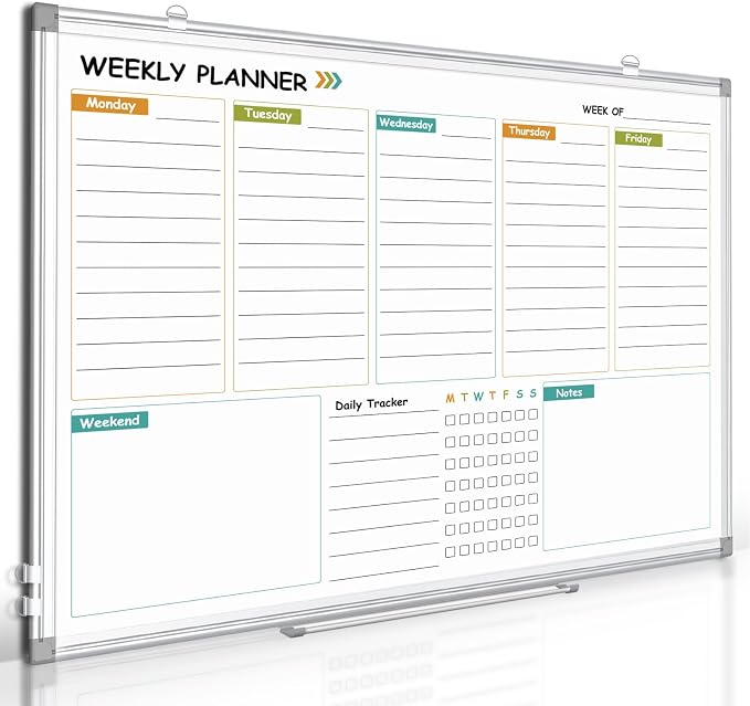 Weekly Dry Erase Calendar Whiteboard with Corkboard, 36" x 24", Silver | Magnetic, White Board Cork Board Combo, Double Sided, Wall Mounted, Aluminum Frame, for Home, Office, Kitchen, Dorm