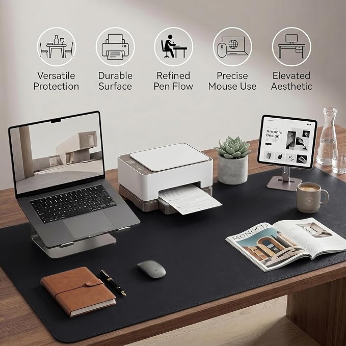 Large Desk Pad Non-Slip Desk Mat Protector for Keyboard Mouse Waterproof Vegan Leather Surface Faux Leather Laptop Mat Smooth Mouse Pad Premium Gift Tube Obsidian Black 47" x 23"