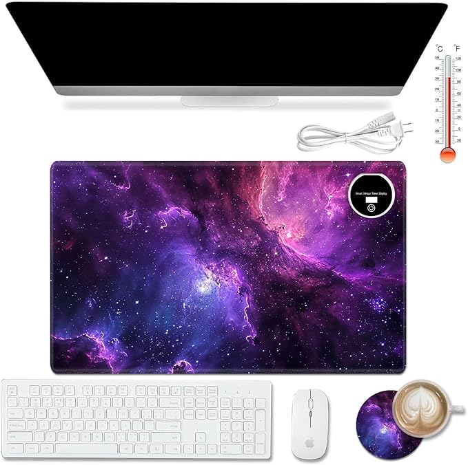 Heated Desk Pad Mouse Pad,Heated Desk Mat,with 3 Heating Levels & 3 Hours Auto Shut-Off,Leather 23.6"*14.2" Gaming Mouse Laptop Mat,Foot Warmer,Purple Galaxy Glliter