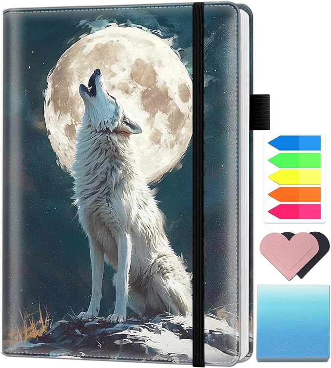 A5 Leather Lined Journal Notebook, 200 Pages Hardcover Executive Notebook for Men Women Office School Note Taking, Thick Writing Paper Daily Journal with Bookmarks/Indexes, White Wolf Moon