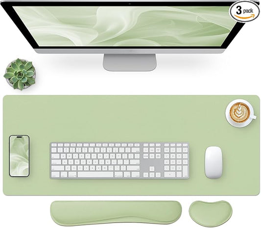 Bloss Leather Desk Pad and Keyboard Wrist Rest, Large Mouse Pad + Keyboard and Mouse Wrist Support, Non-Slip Desk Mat Protector for Office, Home(27.6" x 13.8", Green)