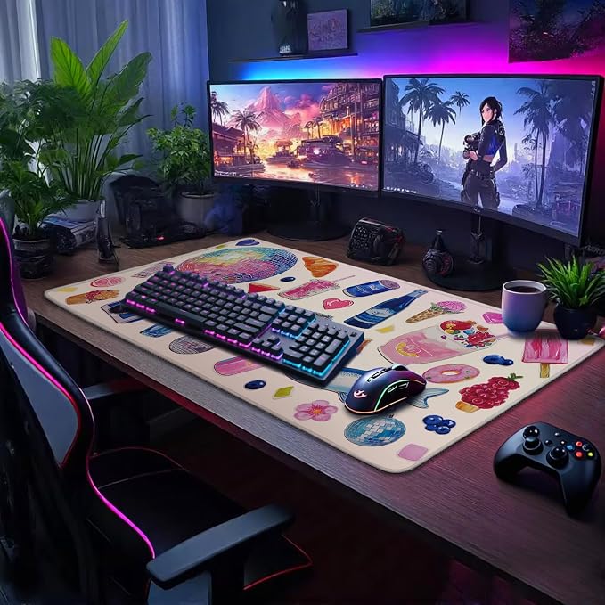 Watercolor Stickers Gaming Mouse Pad 31.5"x15.7" | XXL Desk Mat, Non-Slip Rubber Base, Stitched Edges, Extended Waterproof, PC/Laptop/Office/Home